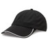 A black cap with a curved brim and white piping, featuring a logo on the front.