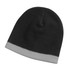 A black beanie with a grey cuff at the bottom, featuring a brand logo.