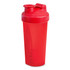 A drink bottle in vibrant red, featuring a secure lid and integrated whisk for mixing. It has a logo on the side.