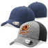 Three trucker caps in navy blue, dark grey, and light grey with mesh backing; one features a logo.