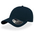 A navy cap with a curved visor and a logo on the side.