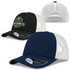 A black and navy trucker cap featuring a logo and white mesh back. Includes a curved visor and adjustable snapback.