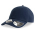 A navy blue organic dad hat with a mid visor and a logo on the side.