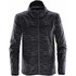 A lightweight black rain jacket with a textured pattern and a hood, featuring a logo on the front.