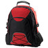 A red and black backpack with a top handle, exterior pockets, and a logo. It features a mesh side pocket and decorative cord.