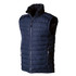 A navy unisex puffer vest with a high collar and zippered pockets, featuring a sleek quilted design.