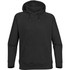 A black men's hoodie featuring a kangaroo pocket and a drawstring hood, with contrasting raglan sleeves.