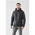 A men's full zip hoody in dark grey, featuring a hood and a fitted design, displayed on a model.
