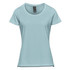 A light blue women's short sleeve tee featuring a round neckline and a logo on the label.