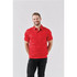 A man wearing a red polo shirt with a subtle pattern, featuring a logo on the chest and a classic collar.
