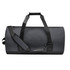 A waterproof duffel bag in dark grey with sturdy handles and adjustable shoulder strap, featuring a logo.
