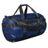 A large navy blue duffle bag with black straps and a branding logo.