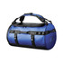 A waterproof duffle bag in blue and black, featuring adjustable straps and a top handle, with a logo.