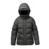 A women's thermal jacket in dark green with a hood, featuring a puffy design and front button closure.