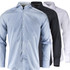 A collection of men's button-up shirts in blue striped, dark blue, and white with a logo present on one shirt.