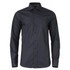 A black button-up shirt with long sleeves and a branded logo on the chest.