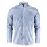 A striped blue button-up shirt with a collar and long sleeves, featuring a logo.