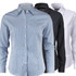 Three button-up shirts in blue and white stripes, black, and white, featuring a logo on the front.