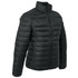 A dark green puffer jacket with a zip front and ribbed collar. It has a logo on the sleeve.