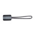A grey zip puller with a rectangular handle and a looped strap. Features a branded logo.