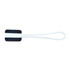 A black and white zip puller with a rectangular design and a white rope loop. It includes a logo.