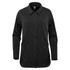 A black women's jacket featuring a collared neckline and side pockets, with a sleek, minimalist design.