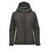 A women's insulated softshell jacket in a dark green colour, featuring a hood and multiple zip pockets, with a logo.