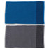 Two gym towels displayed, one in blue with a patterned design and the other in grey with a similar pattern, both featuring a pocket.