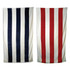 Two striped towels, one featuring navy blue and white stripes, and the other with red and white stripes. Both have branding.