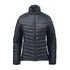 A women's thermal jacket in dark green with a zip front and padded design, featuring a high collar.