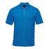 A blue men's polo shirt with a collar and three buttons, featuring a logo.
