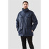 A navy blue men's jacket featuring two front pockets and a high collar, with a logo on the sleeve.