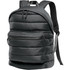 A quilted backpack in dark green with padded compartments and adjustable straps, featuring a front zip pocket and a logo.