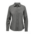 A women's button-up shirt in a green hue with long sleeves and a chest pocket. It features a logo on the label.