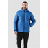 A quilted blue hoody for men with a zip front and an adjustable hood, featuring a logo on the chest.