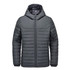 A grey quilted hoody with a zip front and hood, featuring elastic cuffs and a logo on the chest.