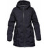 A black women's parka jacket featuring a hood, zip closure, and multiple pockets. It has a puffer design and a logo.