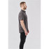 A men's button-up shirt in dark grey, featuring short sleeves and a standard collar, with a subtle logo.