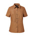 A short-sleeved women's button-up shirt in a brown fabric with small pattern accents and a chest pocket. Features a logo.
