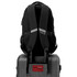 A black Swissdigital Vector Backpack with padded straps, positioned on top of a suitcase, featuring a logo.