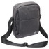 A grey shoulder bag with a sleek design, featuring an adjustable strap and a front pocket. It has a logo on the side.
