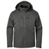 A lightweight rain jacket in dark green with a hood and multiple zippered pockets, featuring a logo.