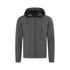 A grey men's recycled scuba jacket with a hood, featuring a zip front and drawstring detail. It has a logo.