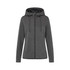 A women's recycled scuba jacket in grey with a hood and drawstring detail, featuring a front zip and a logo.