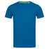 A blue crew neck t-shirt with short sleeves, featuring a branded label. Suitable for active wear.
