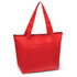 A red cooler bag with a zip closure and two sturdy handles, featuring a pocket on the front.
