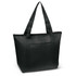 A black Orca cooler bag with a zippered top and two sturdy handles. Features a front pocket.