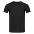 A black crew neck t-shirt featuring short sleeves and a branding logo.