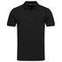 A black short-sleeve polo shirt featuring a collar and three buttons, with a logo on the chest.