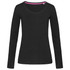 A black women's long sleeve t-shirt featuring a V-neck design and a contrasting inner neckline.